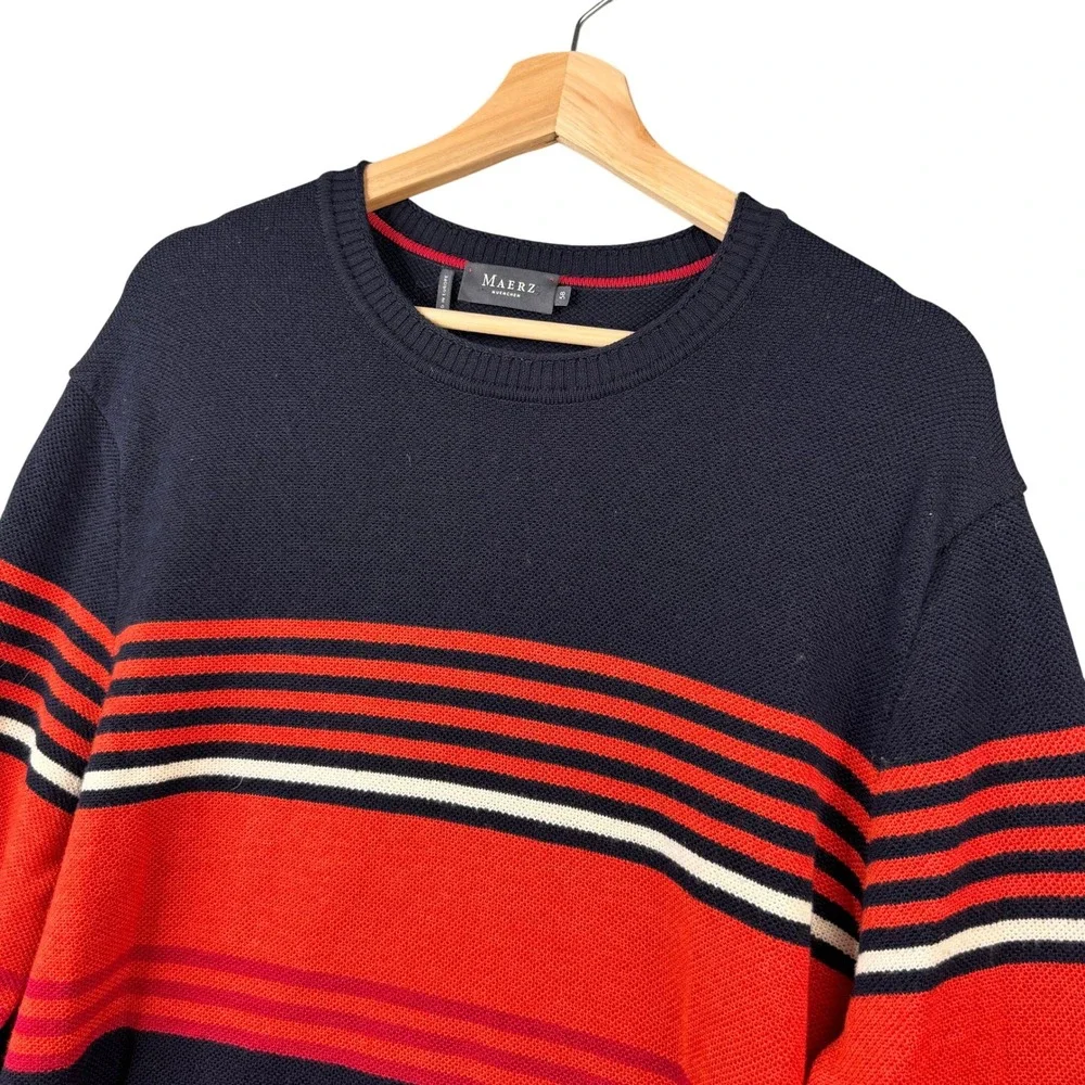 Maerz Muenchen Mens 100% Virgin Merino Wool Striped Pullover Sweater Navy Orange